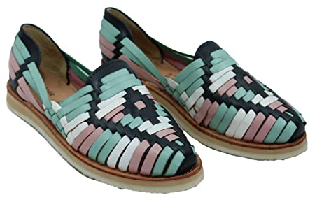 Macarena Collection Sandalen für Damen, Huarache-Sandale, buntes Leder, mexikanischer Stil, Farbe: Schwarz mit Minz-Rombo, schwarz mit mint, 39 EU