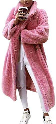ORANDESIGNE Longue Manteau en Teddy Fourrure col à Revers Manches Longues Mode Hiver Femme Vestes Rose S