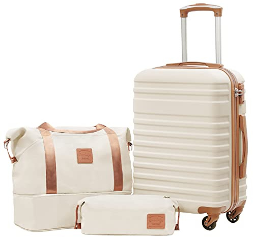 Coolife 3 Piece Luggage Set Carry On Suitcase with Hardside Durable TSA Lock Spinner Wheels (Apricot White, DB/TB/20)