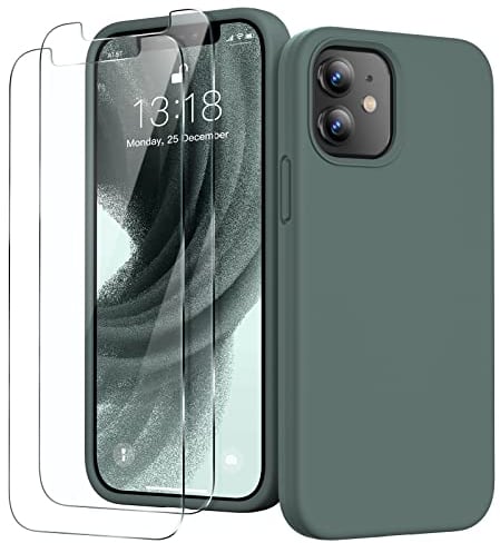 GOODVISH 3 in 1 für iPhone 12 Mini Hülle mit 2 Stück Schutzfolie, Liquid Silikon Rundumschutz Handyhülle, mit Weichem Mikrofaser Innenfutter Stoßfestes Schutzhülle iPhone 12 Mini, Piniengrün