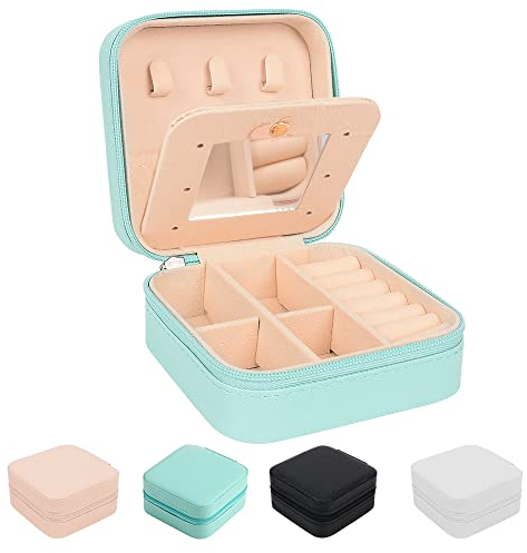 FOME Kleine Schmuckschatulle, Mini-Reise-Schmuckschatulle, Organizer, Reise-Schmuck-Organizer, Präsentationsbox mit Spiegel für Ringe, Ohrringe, Halsketten, Armbänder, Schmuck