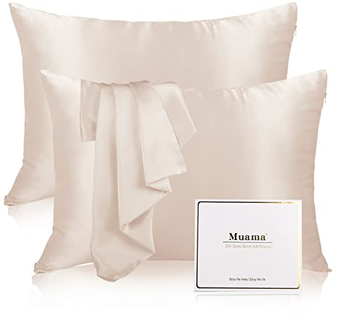 2er Set Seidenkissenbezug 40x80, Muama Kissenbezug Seide Kopfkissenbezug 40 x 80 cm für Haar und Haut mit Reißverschluss, Silk Pillowcase 2 Stück, Beige