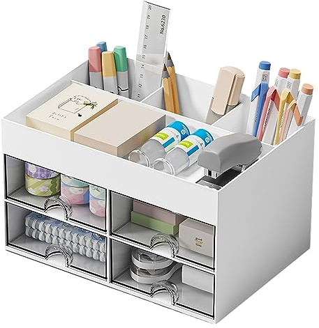 Hggzeg Desk Organiser, Cute Makeup Storage Box with 4 Drawers and 4 Compartments, Desk Tidy Organiser Pen Holder for Home Office and School(White)
