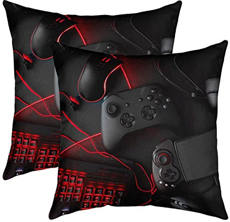 Spiele 2er Set Kissenbezüge Für Sofa Schlafzimmer Gamer Videospiele Dekokissen 40x40cm Modern Spiel Gamepad Kissenbezug Couch Bett Dekor Spielkonsole Sofakissen mit Reißverschluss Schwarz Rot