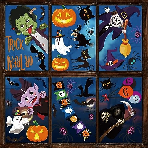Moxled Halloween Deko Fensteraufkleber, Kürbis Spinnennetz Fledermaus Fensterbilder, 9 Blätte Halloween Fenster Tür Aufkleber, 55Pcs Geister Vampir Hexe Wandaufkleber für Kinderzimmer Halloween Party