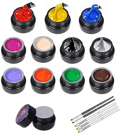 11Pcs 8G-THREE PRIMARY COLORS WITH BLACK WHITE +6 Classical Painting Drawing Gel Polish Soak Off Gel Nail Kit with 5 Brush