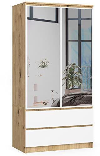 AKORD Kleiderschrank mit Spiegel S 90 cm 2 Türen 2 Schubladen mit Regalen und Einer Kleiderstange für EIN Schlafzimmer Kleiderschränke | Laminierte Platte 16 mm | Farbe: Artisan Eiche | Weiß