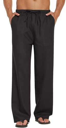 COOFANDY Herren Leinenhose mit Kordelzug Leichte Sommerhose Freizeithose Leinen Strandhosen Bequeme Herrenhose Lange Hosen Loose Fit Schwarz S