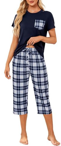 Reliwel Pyjama Femme Coton été Ensemble Femme à Manche Courte et Carreaux 3/4 Pantalon Vêtements de Nuit Col Rond 2 Pièces Doux Confortable