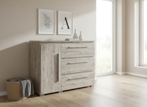 Arthur Berndt Kommode 1 Tür 3 Fächern 3 Schubladen Sideboard Schrank Holz Optik Eiche Sand