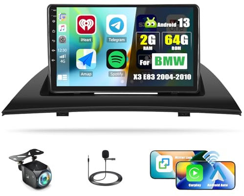 [2G+64G] Android 13 Autoradio für BMW X3 E83 2004-2012 mit Carplay Android Auto, 9 Zoll Touchscreen Radio mit GPS WiFi FM/RDS Bluetooth Mirror Link+AHD-Kamera Rückfahrkamera & Mic