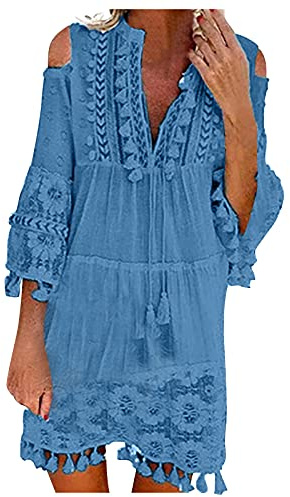 Boho Kleid Damen Kurz Sommerkleid Damen Elegant Locker Ibiza Style Lochstickerei Kleider Sommerkleider Leicht und Luftig Damenkleider Cold Shoulder Weite Strandkleid Quasten 3/4 Ärmel