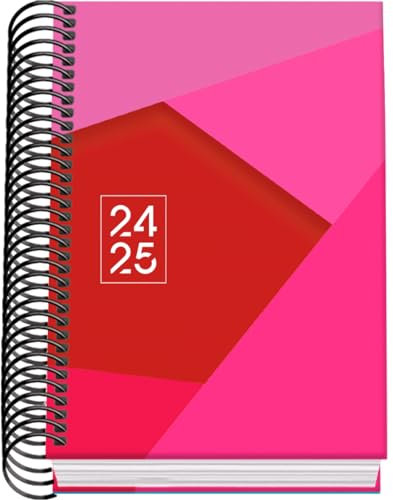 Dohe - Agenda Scolaire 2024 2025 - Jour par Page, Taille A6 (12x17 cm), Fermeture Anneaux, Couverture Rigide, Espagnol et Anglais, Septembre à Juin, Matériel Scolaire - TANGRAM Rose