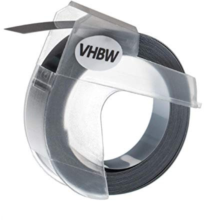 vhbw 1x 3D Prägeband-Schriftband-Kassette kompatibel mit Motex 5500A, 5500B Etiketten-Drucker 3m x 9mm Weiß auf Silber