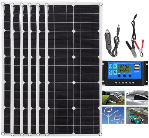 hKjPlvf Kit De Panel Solar Flexible De 100 W, 200 W, 300 W, 400 W, 500 W, 600 W + Controlador De 40 A,para Autocaravana/Techo/Barco/Coche/Camping, Ultrafino/Impermeable, con Puertos USB Duales,6x100W