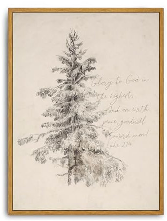 Roslynity Gerahmter Kunstdruck auf Leinwand, Vintage-Stil, Weihnachtsbaum, Schrift, Gemälde, Frieden auf Erden, Lukas 2:14, Winter, Kiefer, christlicher Bibelvers, Retro, für Zuhause, Wohnzimmer,