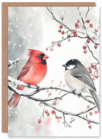 Artery8 Red Cardinal Chickadee Bird Winter For Child Kids Xmas Festive Christmas Card