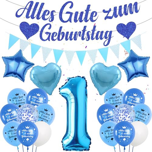 Runyuzi 1. Geburtstag Junge Blau Luftballon - Alles Gute Zum Geburtstag Deko Girlande Banner Wimpel, Riesen Zahl und Herzform Folienballon Konfetti Ballon für Kinder Geburtstagsdeko 1 Jahr Jungen