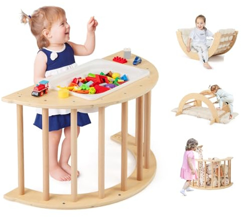 Costzon Wooden Arch Sensory Table for Kids, 6-in-1 Toddler Indoor Montessori Climbing Toys with Cushion, Foldable Storage Bin, Arch Climber Ladder Learning Playset for Kids Gift Presents