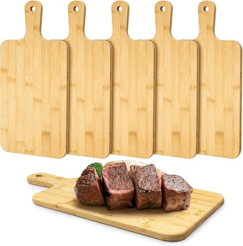 5er Schneidebrett Holz Bambus, 43 x 25 cm Cheese Charcuterie Boards mit Griff Küche Holzschneidebretter für Brot Flammkuchenbrett Natur Käse Wurst Obst