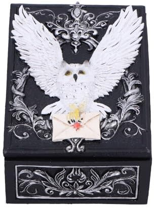 Nemesis Now Eulen-Kurierbox, Schneeeule mit versiegeltem Buchstaben auf gotischem Blumenmotiv, Kunstharz, handbemalt, Fantasie-Aufbewahrung für Schmuck und Schätze