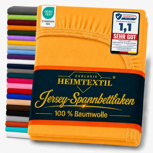 EXKLUSIV HEIMTEXTIL Marke Jersey Spannbettlaken 90-100 x 200 cm 100% Baumwolle Öko - Tex Zertifiziert, Markenqualität, Matratzenhöhe bis 25 cm, Curry