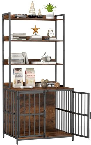 Maxmass Wooden Dog Crate, Furniture Style Pet Cage with Storage Shelves & 2 Lockable Doors, Indoor Dog Kennel Industrial Side Table for Living Room, 80 x 60 x 170cm