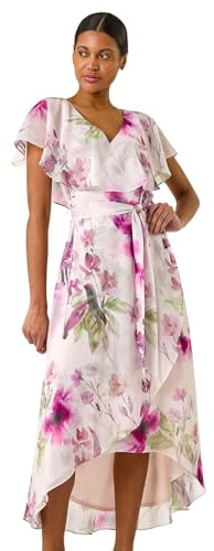 Roman Frill Dress for Women UK Ladies Summer Wrap Chiffon Frill Hem Layered Belted Midi Maxi Tiered Cape Special Occasion Fit & Flare Wedding Guest Swing Skater - Pink Floral - Size 12