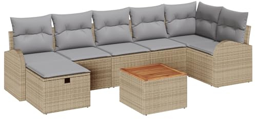 vidaXL Garten-Sofa-Set mit Kissen mit Speicher 8 pcs Beige Poly Rattan, Garten und Terrasse, modernes modulares, verstellbare Füße, Lounge-Set, entspannen, Flexible Sitzgelegenheit