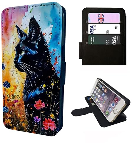 Black Cat Art Wallet Phone Case Flip Cover Compatible with Samsung S20, S21, S22, S23, S24, S25 Plus Ultra – Cute Kitten Design, Faux Leather Animal Case with Card Slots, Magnetic Clasp