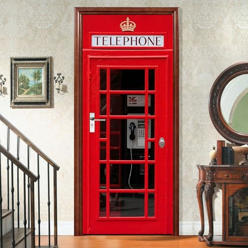TüRtapete Selbstklebend TüRposter TüRaufkleber Tapete, Wandaufkleber für Schlafzimmer, Heimdekoration, wasserfest, abnehmbares Premium Vinyl Upgrade, klassische rote Vintage Telefonzelle, UK