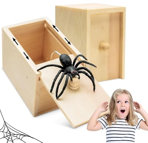Kefyvbdj 2 Stück Spinne In Box Holz, Lustige Spinnen Scherzartikel, Realistische Spider Box für Erwachsene und Kinder, Gummispinne Scherzbox, Halloween Prank Geschenkidee, Party Spaß Gadgets