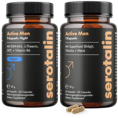 serotalin Men Day & Night Vorteilspaket, 2 x 60 Kapseln | Active Men T-Kapseln mit Maca, Night mit Ashwagandha hochdosiert, Made in Germany