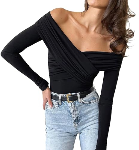 Feclmiyt Womens Sexy Off The Shoulder Tops Y2k Long Sleeve V Neck Skinny Bardot Tops Elegant Going Out Tunic T Shirts Streetwear