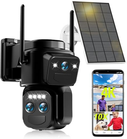 4K Caméra Surveillance WiFi Extérieure à triple objectif,360° PTZ Caméra,8MP Détection Humaine avec Panneau Solaire,Suivi Automatique,Vision Nocturne Couleur,Étanche,Audio Bidirectionnel,10X Zoom
