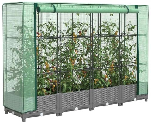 Hommdiy Hochbeet mit Gewächshaus-Aufsatz Rattan-Optik 160x40x123 cm rattanoptik Pflanzkübel Blumenkübel Großer Blumentopf Outdoor Hellgrau