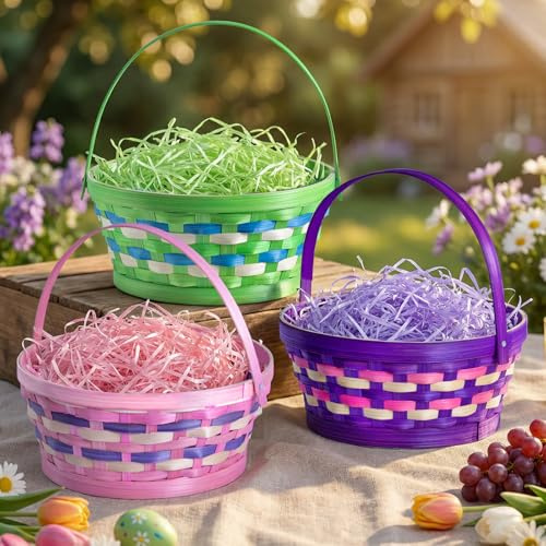 Lanpn Osterkörbchen mit Henkel 3er Set Handgemachte Wicker Baskets in Pink Lila Grün mit Raffia Füllmaterial ideal für Kinder und Erwachsene Ostereiersuche Süßigkeiten Geschenke Picknick Osterdeko