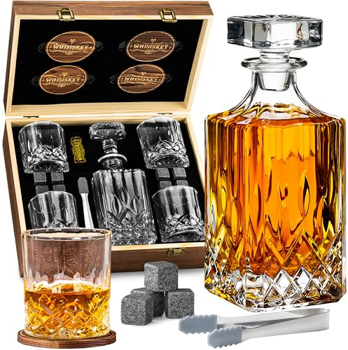 WHISISKEY Decanter per Whisky - Set Whisky Regalo - Idee Regalo Uomo | Scatola Regalo Compleanno, Decanter 700ML, 4 Bicchieri da Whisky x 310ML, 8 Pietre di Whisky, Whiskey Accessori