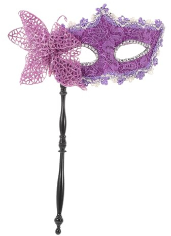 VERDANVERSE Schmetterlingsmaske Halbmaske mit Stab für Damen Venezianische Partymaske aus Kunststoff in Violett Wiederverwendbar für Karneval Maskenball und Kostümparty