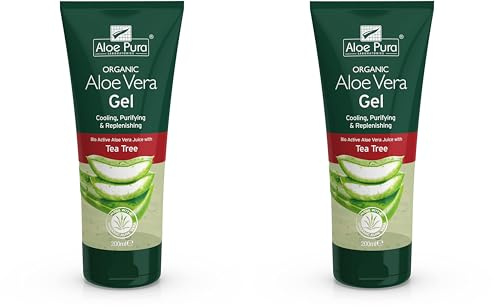 Aloe Pura Organic Aloe Vera Gel with Tea Tree, Natural, Vegan, Cruelty Free, Paraben & SLS Free, Cooling, Purifying, 200 ml (Pack of 2)