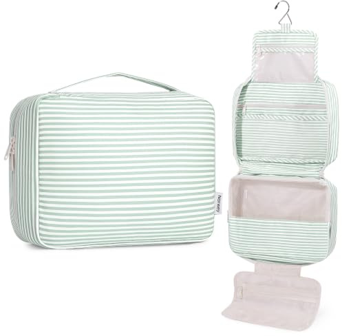 Narwey Grande Trousse de Toilette à Suspendre pour Femme, Trousse de Voyage Organisateur de Maquillage et Accessoires de Toilette (Rayures Vert Menthe)