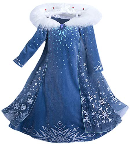 Eleasica Filles Cosplay Robe de Princesse Elsa Manches Longues Reine des Neiges Longue Costume Bleu Chaude Doux Déguisements Partie Cérémonie Halloween Noël, 110, Bleu, 3-4 Ans