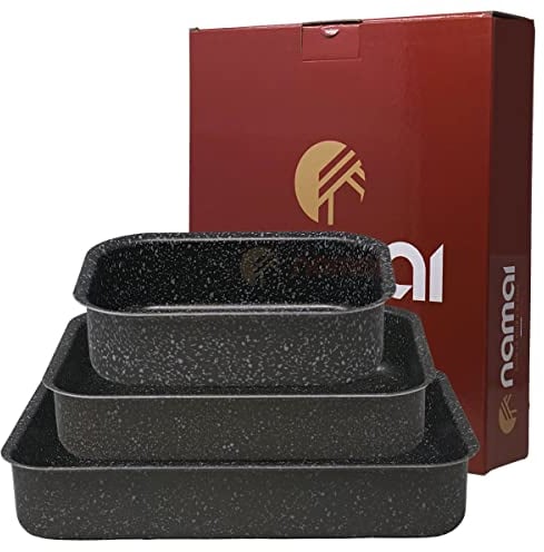 NAMAI Set 3 Teglie Forno Rettangolare - Lasagnera Antiaderente - Lavabile in Lavastoviglie - Alluminio - Design Effetto Pietra