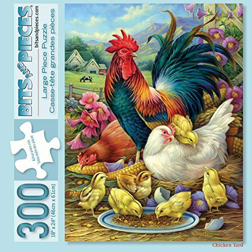 Bits and Pieces - 300 Piece Jigsaw Puzzle for Adults 18 x 24 - Chicken Yard - 300 pc Farm Feeding Chickens and Rooster Chicks Jigsaw by Artist Oleg Gavrilov