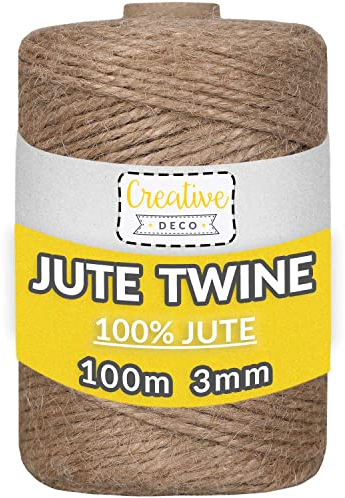 Creative Deco 100m Ficelle Jute Naturelle | Épaisseur 3mm | Deco Mariage Champetre | pour Jardinage et Bricolage | Attache Tomate | Corde Jute | Cordelette
