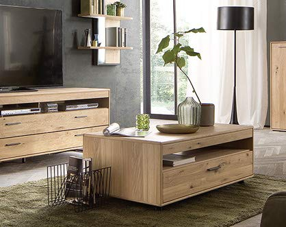 Couchtisch Piet Eiche Bianco NB, 115x45x65cm Tisch Beistelltisch Sofatisch Kaffeetisch Wohnzimmertisch großes Ablagefach großer Schubkasten