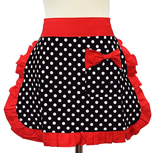 Floosum Schwarz Sexy Polka Dot Rüschen Seite Baumwolle Küche Kochen Taille Kellnerin Server Halb Schürze mit Tasche Frauen Mädchen, rote punkte, Medium