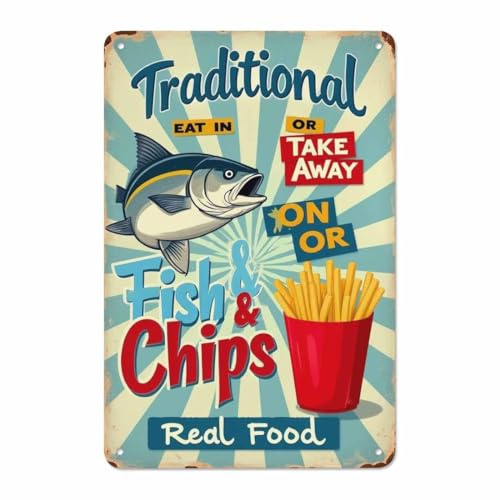 AOYEGO Fish and Chips Blechschild, traditionelles Eat Or Take Away Vintage Metall-Blechschilder für Cafés, Bars, Pubs, Shop, Wanddekoration, lustig, Retro-Schilder Männer und Frauen, 20,3 x 30,5 cm