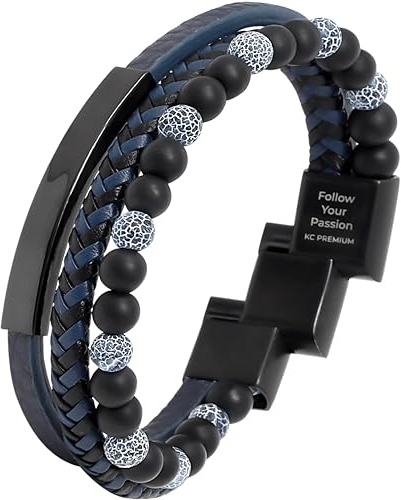 KC Premium Männer Lederarmband mit Agate Onyx Perlen | Handgemachtes Armband mit inspirierender Gravur | Grössenverstellbar Magnetverschluss Edelstahl | Geschenk Schmuckbox Herren (Schwarz Blau)