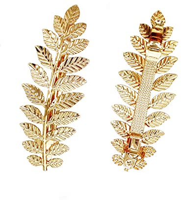 Lot de 2 barrettes à cheveux dorées pour fête d'Halloween, déesse grecque, feuilles dorées (pinces à cheveux pour Halloween en forme de feuille dorée)